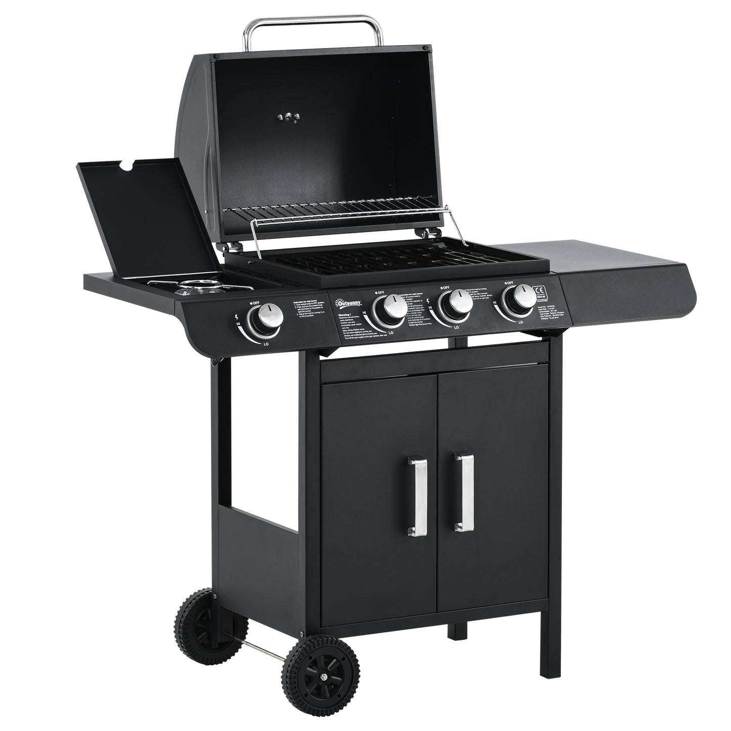 Outsunny 3+1 Burner Gas BBQ Grill, Outdoor Barbecue Trolley with Wheels, Warming Rack, Side Shelves, Cabinet, Thermometer for Garden, Party, Camping, 110L x 50W x 100Hcm, Black 4.6