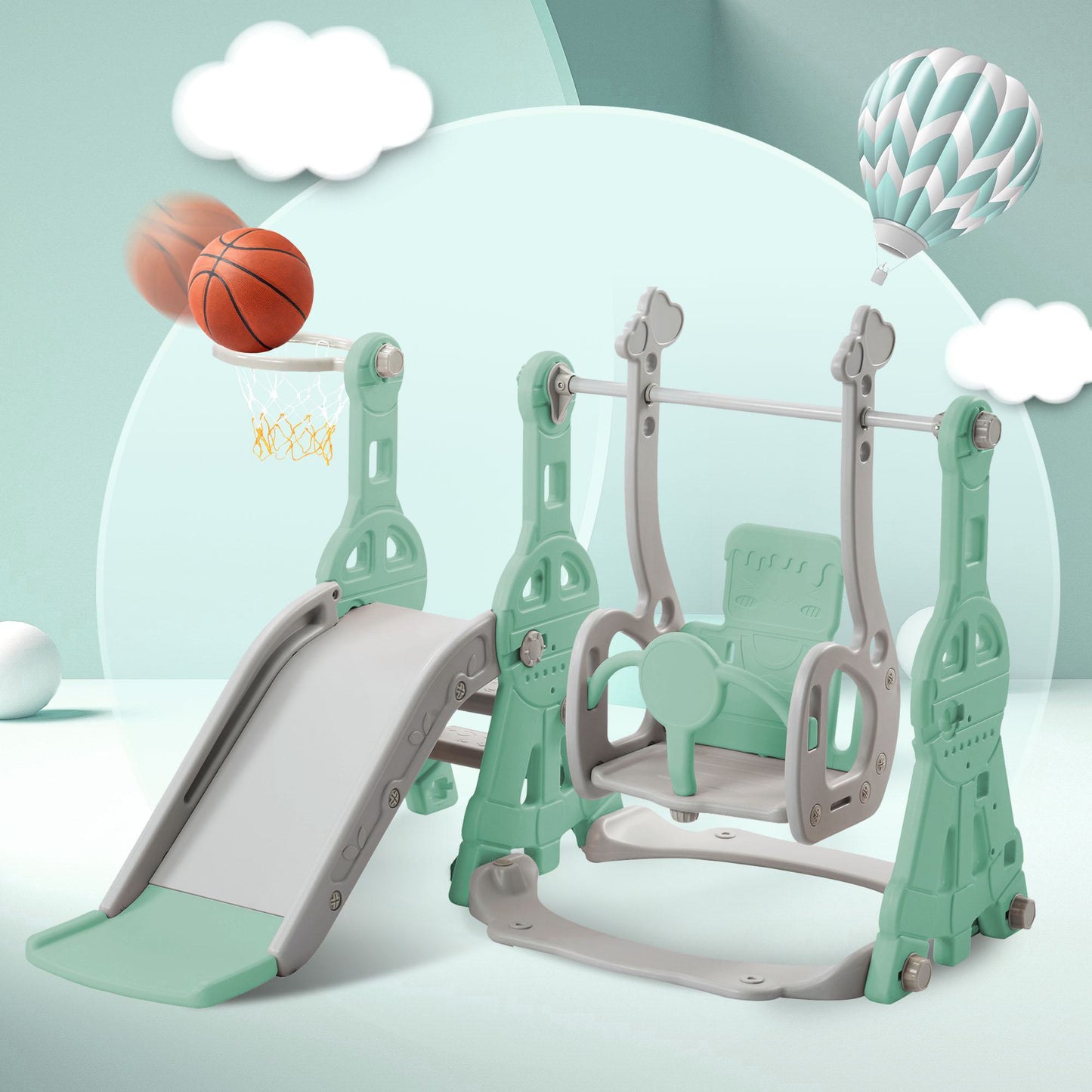 4-in-1 Children's Slide and Swing Set with Basketball Hoop and Climbing Ladder, Garden Slide Toddlers Climber, 140L x 118W x 102H cm, Green #10 Top Sellingin Slide
