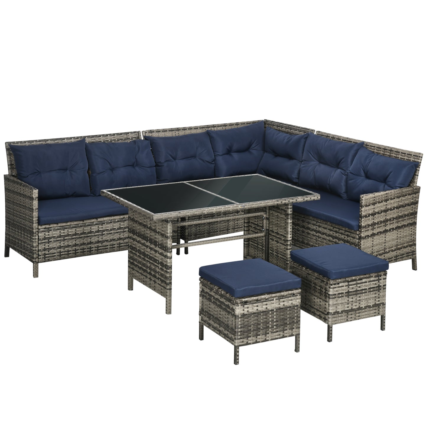 Outsunny 7-Seater Patio wicker Sofa Set Rattan Chair Furniture w/ Glass & Cushioned, Dark Blue 5