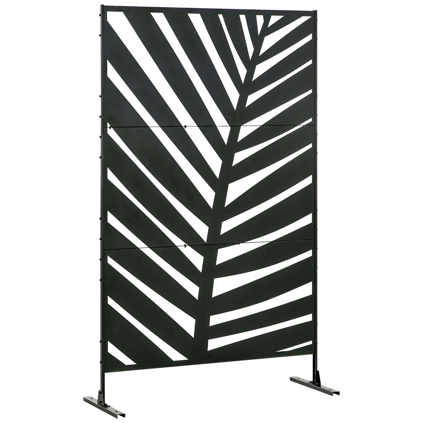 Outsunny Decorative Privacy Screen with Stand, 6.5FT Freestanding Metal Outdoor Divider, Decorative Privacy Panel with Expansion Screws for Garden Patio Pool Hot Tub, Banana Leaf Style, Black 4.8