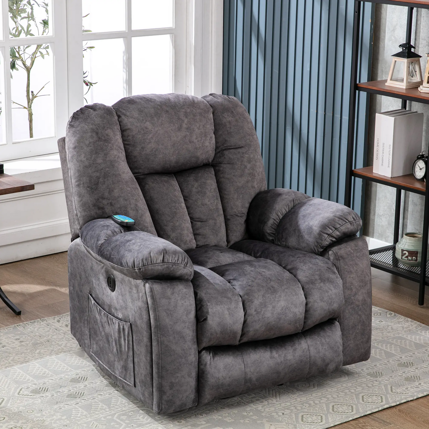 Power Lift Elektrischer Relaxsessel mit Wärme und Vibration, Massagesessel mit USB-Anschlüssen und Seitentaschen, Einfache Montage, 100x95x105 cm, Grau
