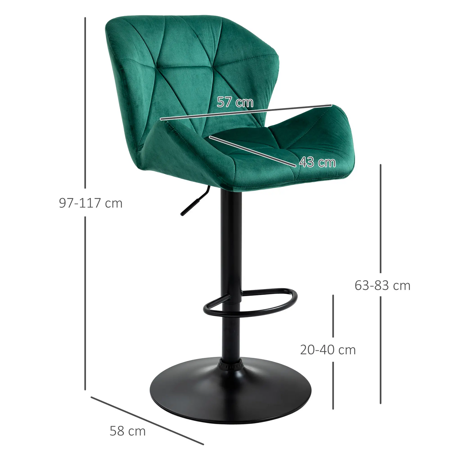 HOMCOM Barhocker 2er-Set, luxuriöse Barhocker mit samtiger Haptik, Metallrahmen, Fußstütze, runder Basis, dreieckiger Einkerbung, geformter Sitz, höhenverstellbar, drehbar, Grün