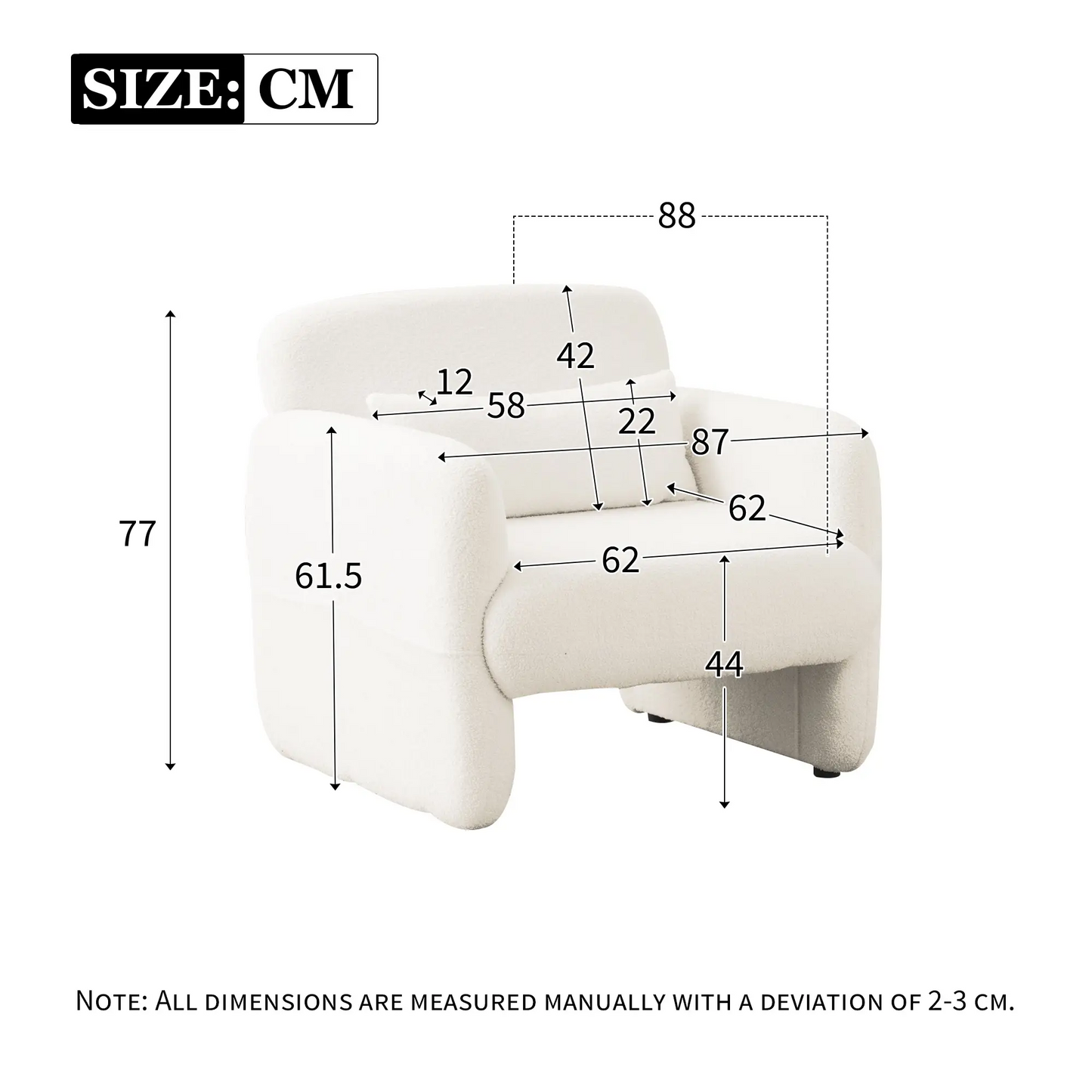 Upholstered Teddy Fabric Occasional Chair with Solid Wood Frame, Comfy Lounge Chair for Living Room, Bedroom, 87x88x77 cm, White