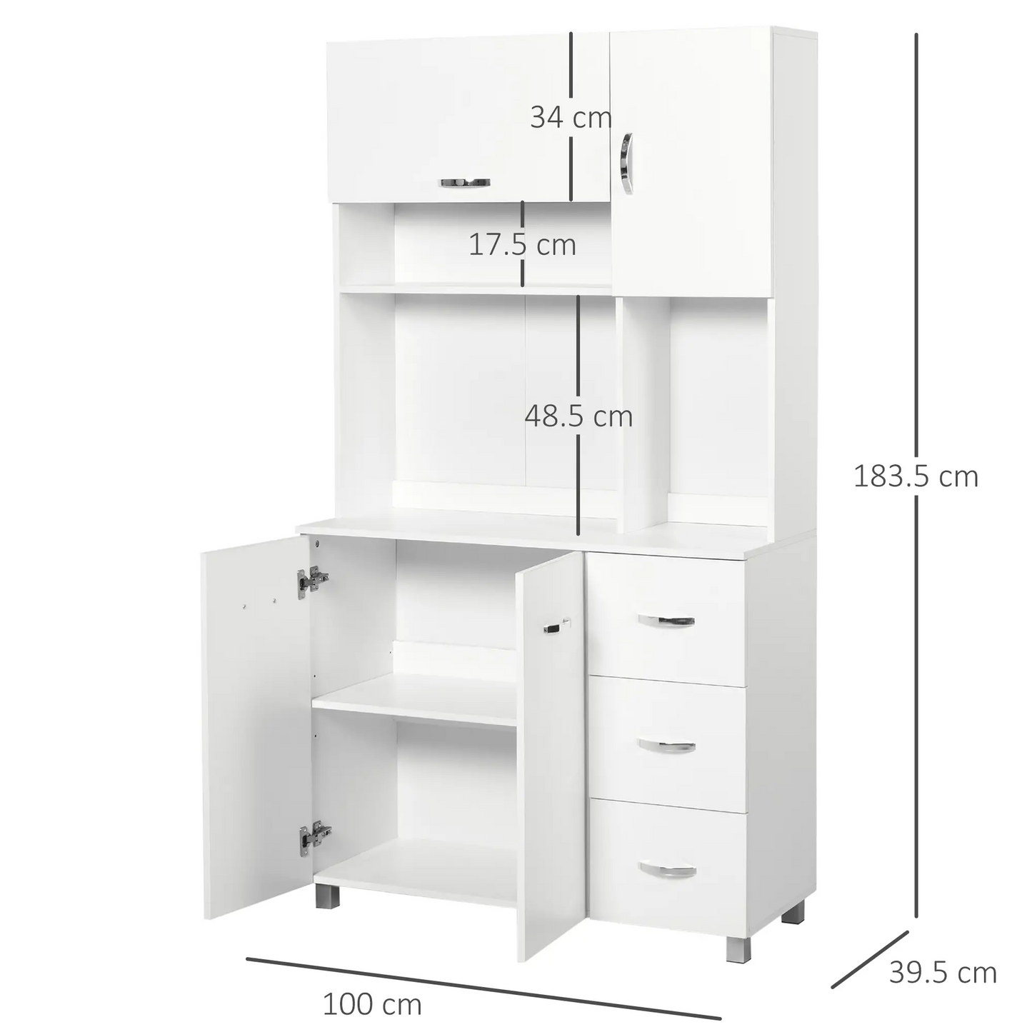HOMCOM Küchenschrank, 183 cm hoher Lagerschrank mit Arbeitsplatte, Sideboard mit 3 Schubladen, 4 Türen und offenen Regalen, 100 B x 39,5 T x 183,5 H cm, weiß