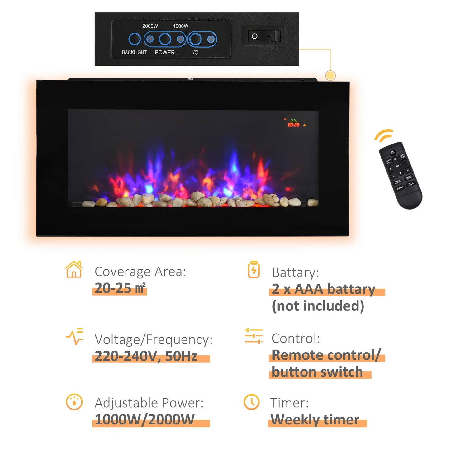 HOMCOM LED Wall Mounted Fireplace Curved Glass Electric Fire Place for Living Room, 1000W/2000W, 48H x 90.8W x 11.5Dcm, Black