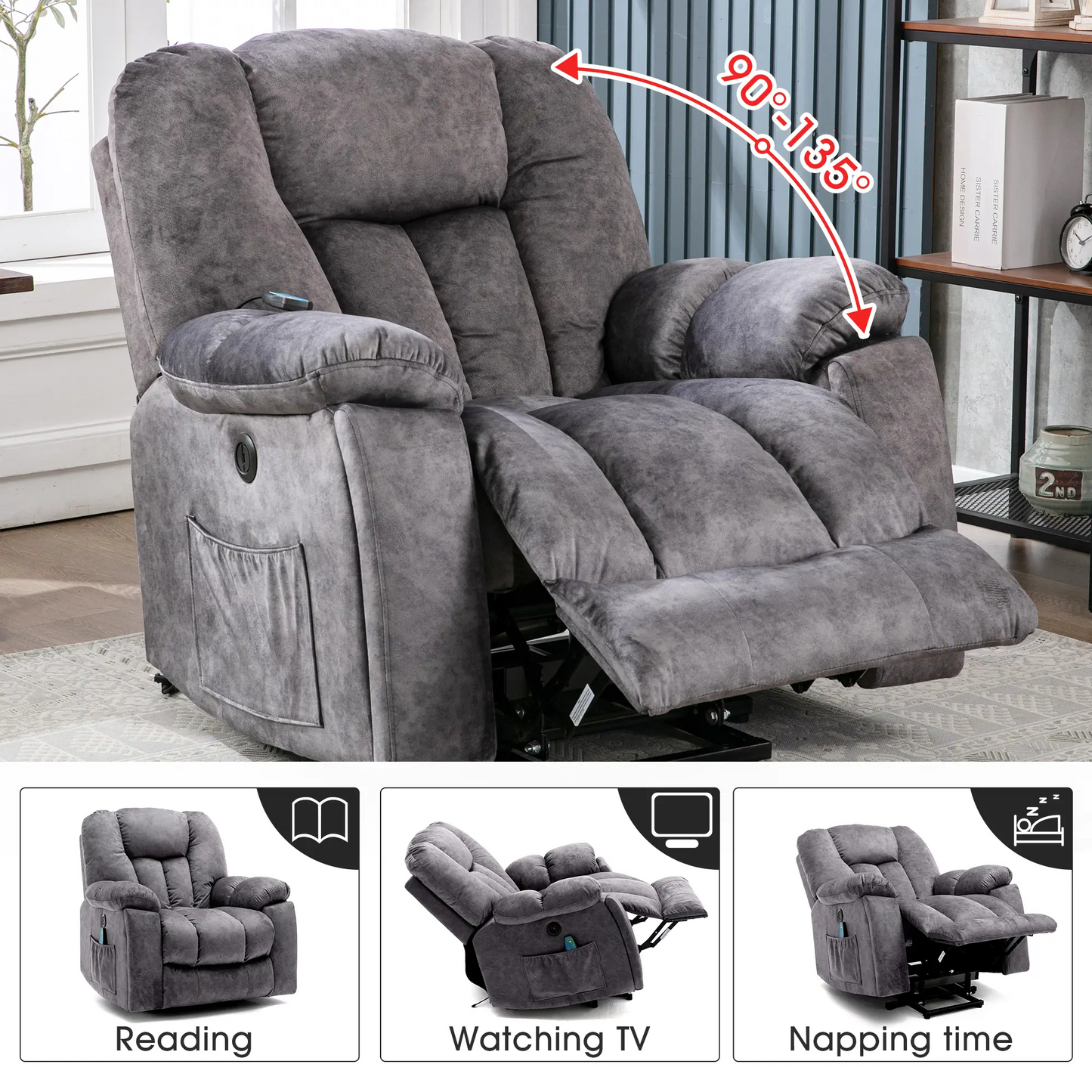 Power Lift Elektrischer Relaxsessel mit Wärme und Vibration, Massagesessel mit USB-Anschlüssen und Seitentaschen, Einfache Montage, 100x95x105 cm, Grau