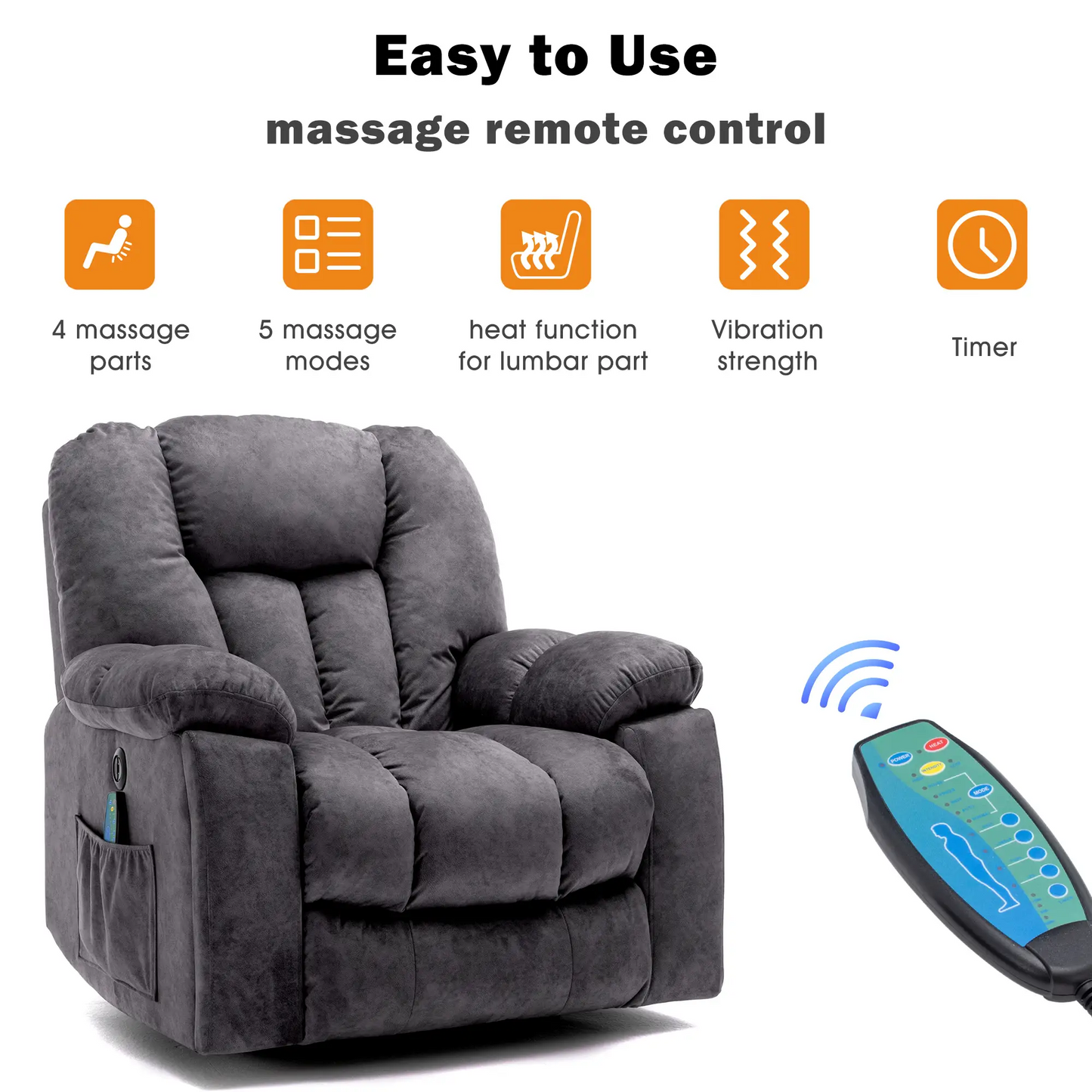 Power Lift Elektrischer Relaxsessel mit Wärme und Vibration, Massagesessel mit USB-Anschlüssen und Seitentaschen, Einfache Montage, 100x95x105 cm, Grau