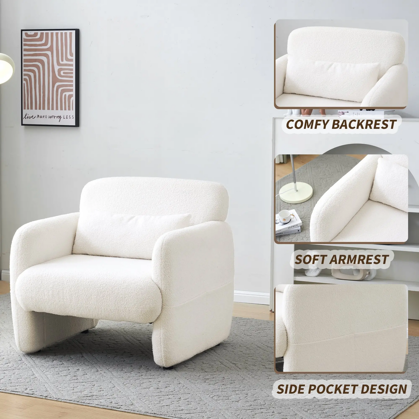 Upholstered Teddy Fabric Occasional Chair with Solid Wood Frame, Comfy Lounge Chair for Living Room, Bedroom, 87x88x77 cm, White