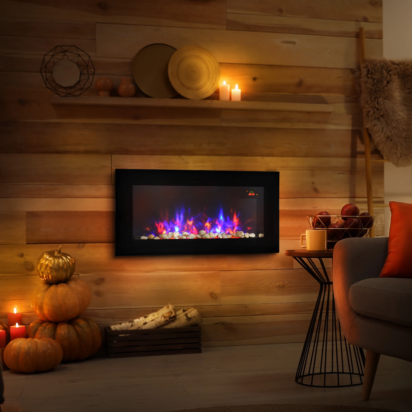 HOMCOM LED Wall Mounted Fireplace Curved Glass Electric Fire Place for Living Room, 1000W/2000W, 48H x 90.8W x 11.5Dcm, Black