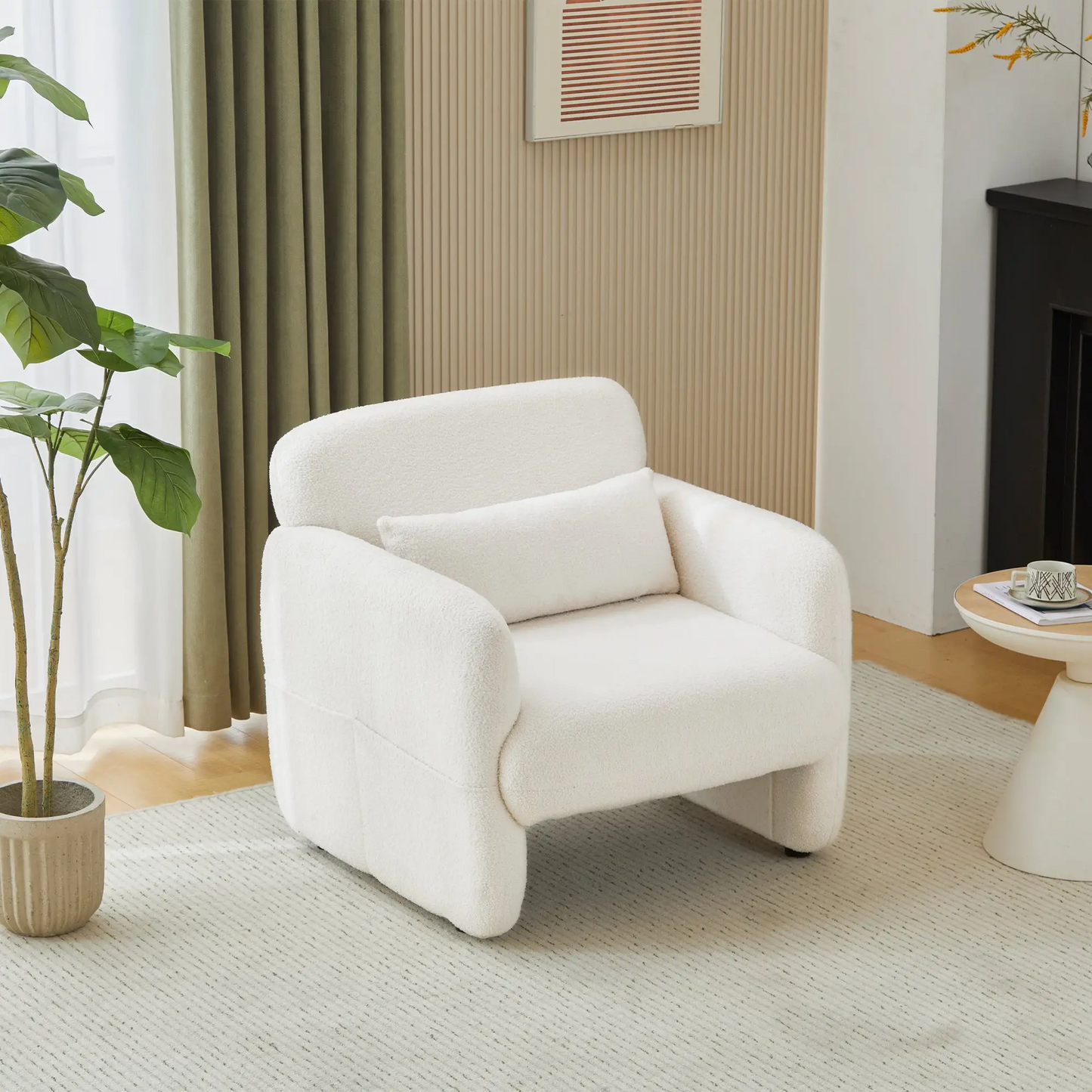 Upholstered Teddy Fabric Occasional Chair with Solid Wood Frame, Comfy Lounge Chair for Living Room, Bedroom, 87x88x77 cm, White