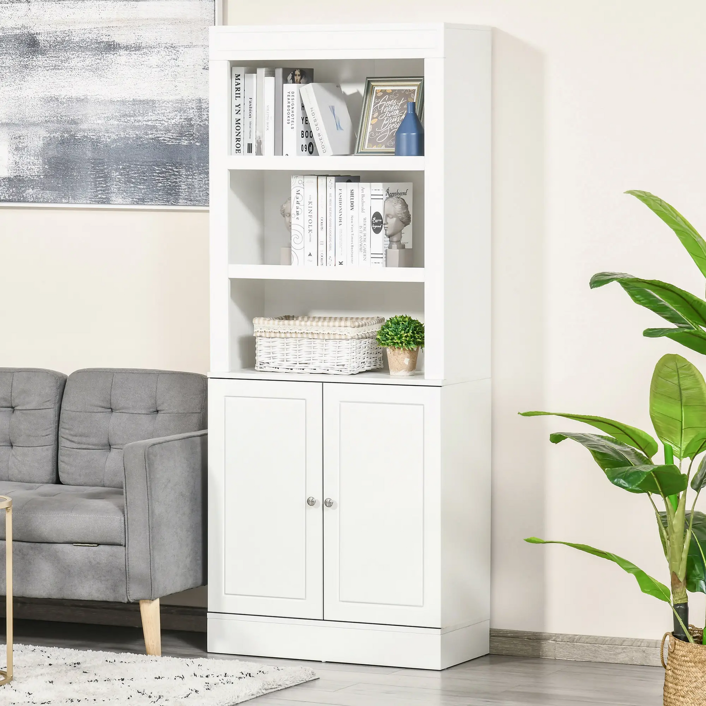 HOMCOM Kitchen Cupboard with 6-tier Shelving, Freestanding Storage Cabinet, Pantry Cupboard with 3 Open Compartments and Double-door Cabinet with Adjustable Shelves, White