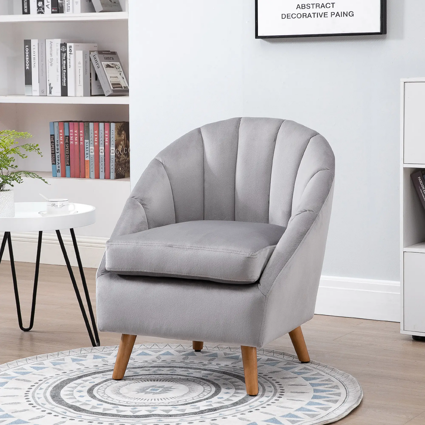 HOMCOM Accent Chair Velvet Fabric Single Sofa Armchair Home Living Room Solid Wood Leg Upholstered Side Armchair Grey