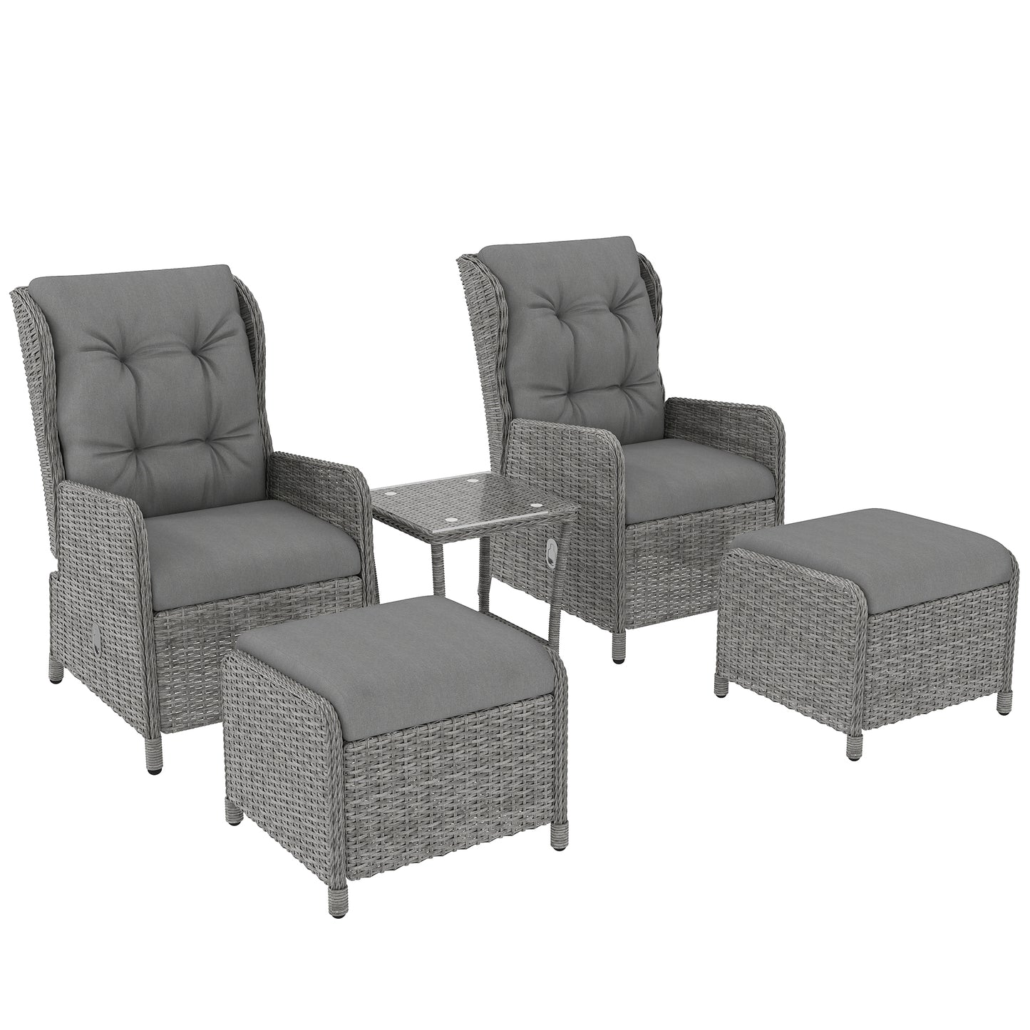Outsunny 5 Pieces Rattan Bistro Set with Adjustable Back, Reclining Wicker Balcony Furniture with Cushions, Glass Top Coffee Table and Footstools, Outdoor Table and Chairs, Light Grey #9 Top Sellingin Rattan Furniture