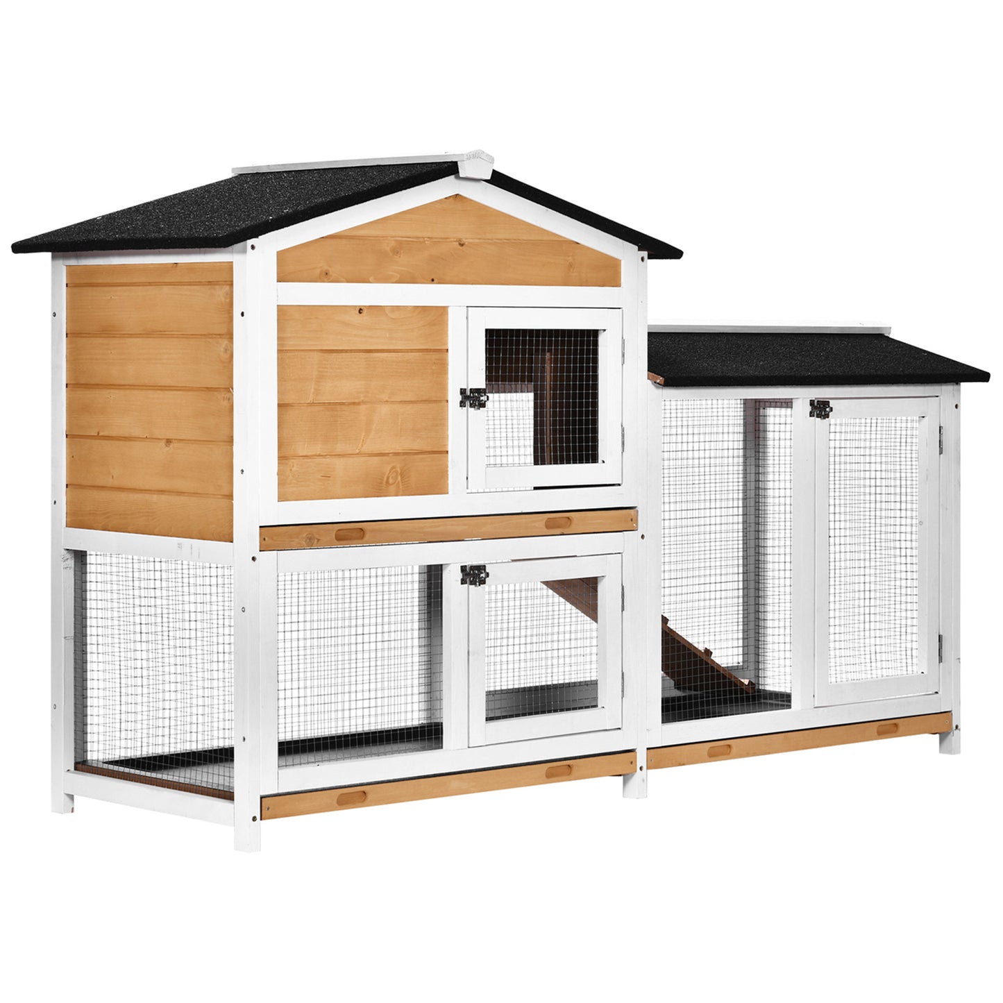 PawHut Rabbit Hutch Guinea Pig Hutch Wooden House with Run, 2 Tier Pet Cage Outdoor with No-leak Plastic Trays, 157.4 x 53 x 93.5cm, Yellow 4.5