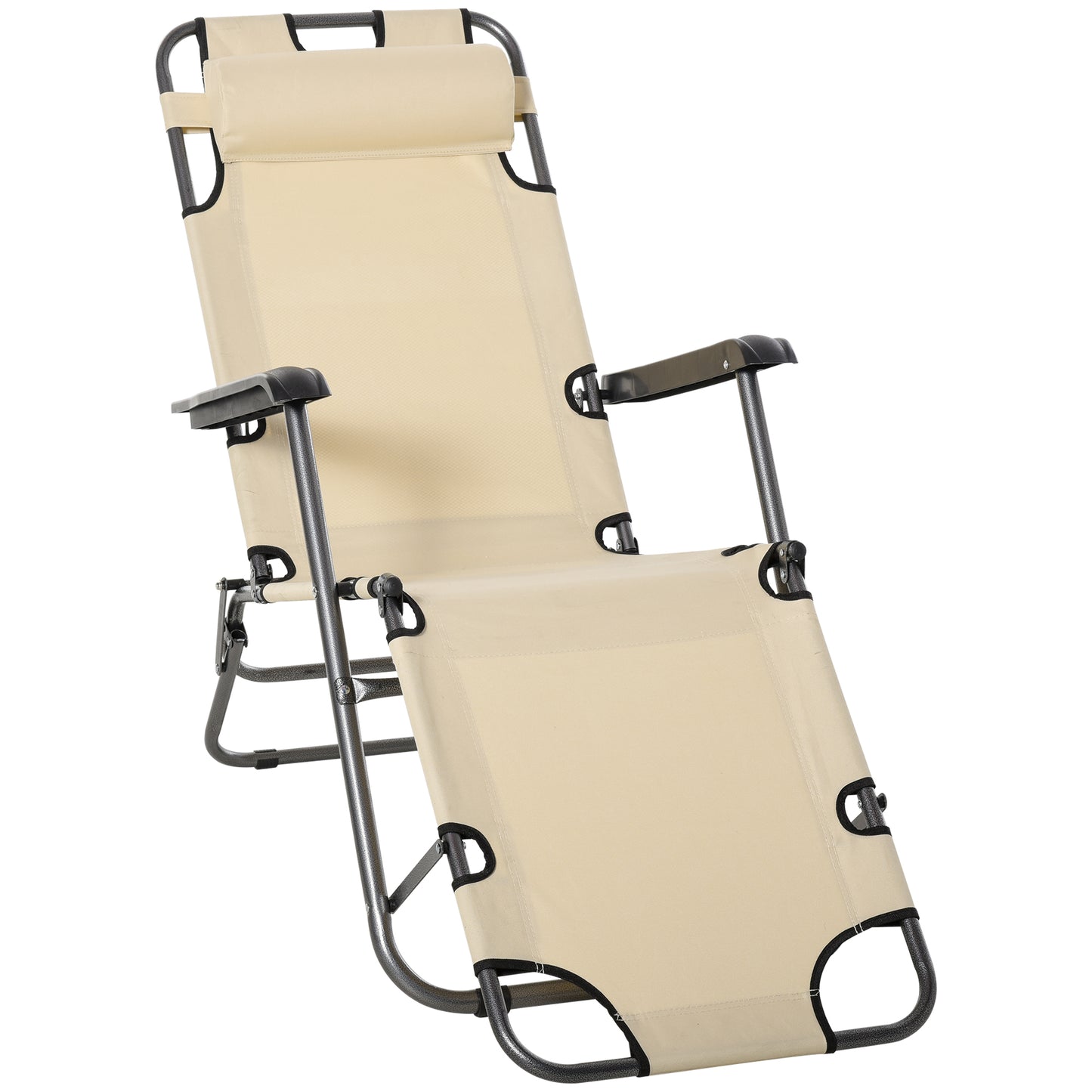 Outsunny Outdoor Folding Sun Lounger with Face Hole, 4 Level Adjustable Backrest Reclining Garden Lounger, Garden Recliner Sunbed with 600 D Oxford Cloth Seat and Pillow for Beach, Beige 4.7