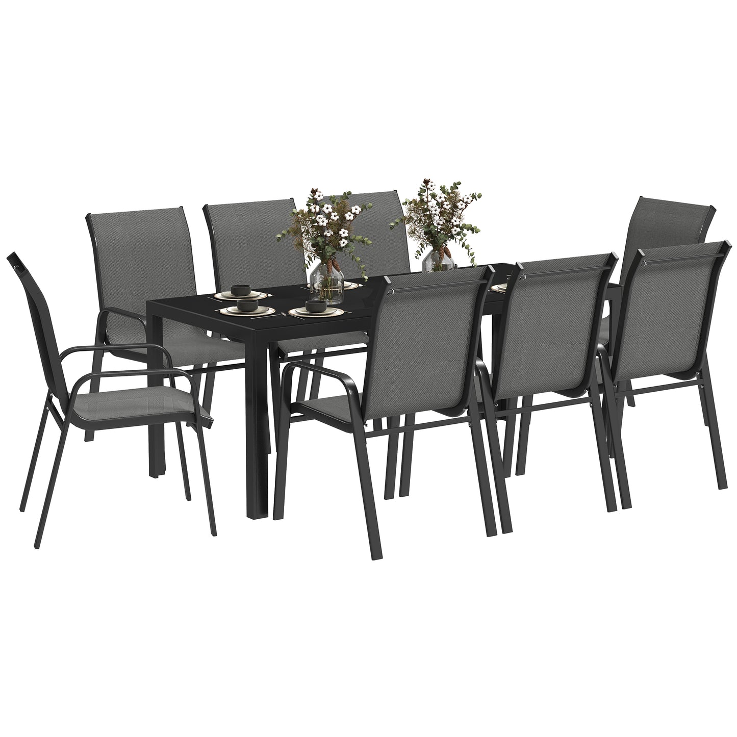 Outsunny 8 Seater Garden Dining Set with Stacking Chairs, Rectangular Tempered Glass Top, Garden Furniture Set, Outdoor Dining Table and Chairs for Patio, Balcony, Poolside, Dark Grey #2 Top Sellingin Garden Dining Sets