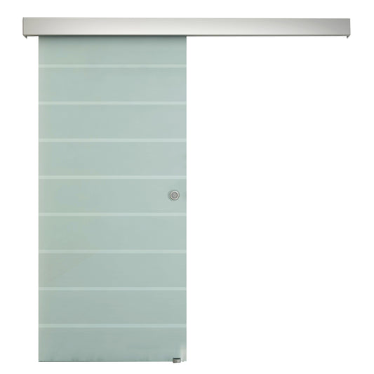 HOMCOM 90cm Sliding Glass Door with Hardware Track Kit, Frosted Tempered Glass with Stripe Pattern, Round Handle 4.9