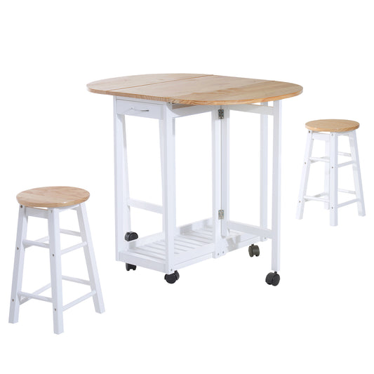 HOMCOM 3PC Wooden Kitchen Cart Mobile Rolling Trolley Folding Bar Table Two Stools Dining Chair Storage Shelf w/2 Drawers & 6 Wheels 4.7