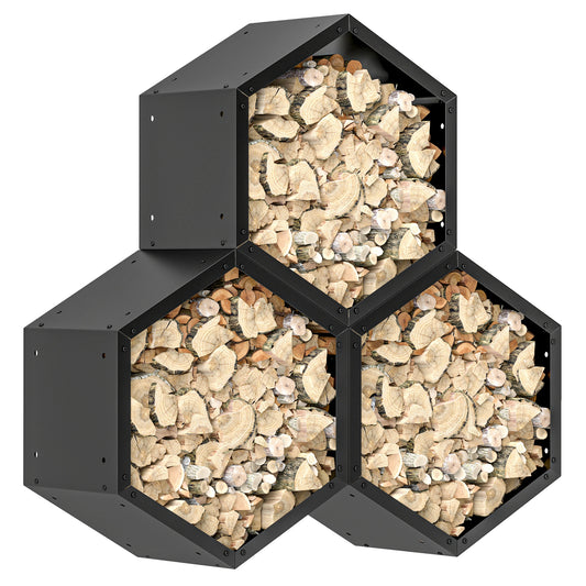 Outsunny Fireplace Log Rack, Steel Firewood Log Holder, 3 Hexagon Boxes, Indoor Outdoor Wood Storage Shelf, 113 x 37 x 113cm, Black 5