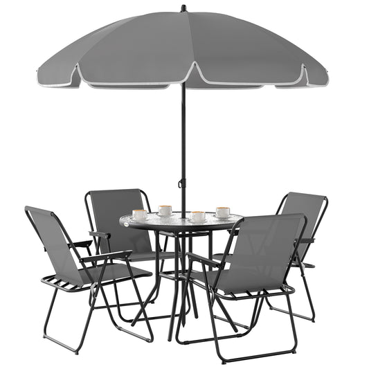 Outsunny 4 Seater Garden Furniture Set, 6 Pieces Garden Table and Chairs with Parasol, Outdoor Garden Dining Set with Folding Chairs and Round Glass Top Table for Patio, Grey #7 Top Sellingin Garden Dining Sets