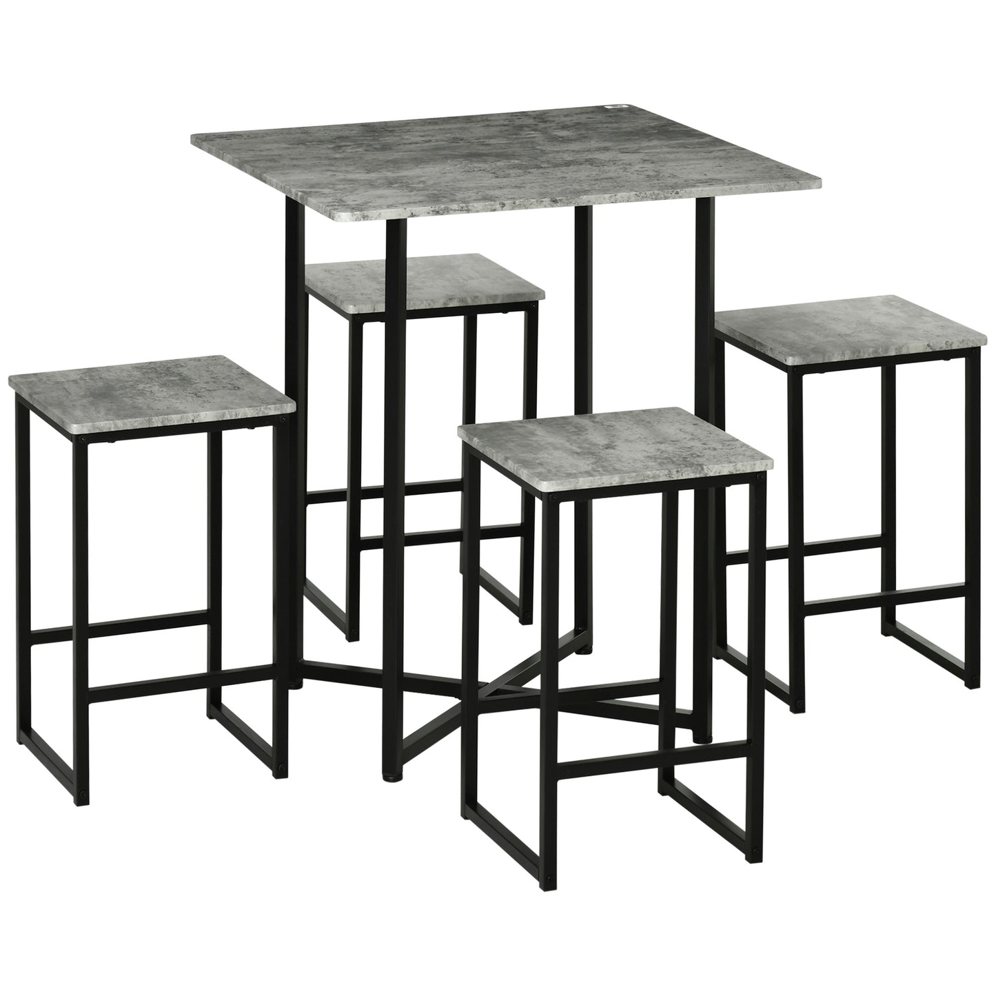 HOMCOM 5pc Bar Table Set, Square Dining Table Set for 4 People, Home Kitchen Breakfast Bar Set with Steel Frame and Footrest, Concrete Grey 5