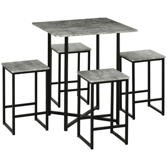HOMCOM 5pc Bar Table Set, Square Dining Table Set for 4 People, Home Kitchen Breakfast Bar Set with Steel Frame and Footrest, Concrete Grey 5