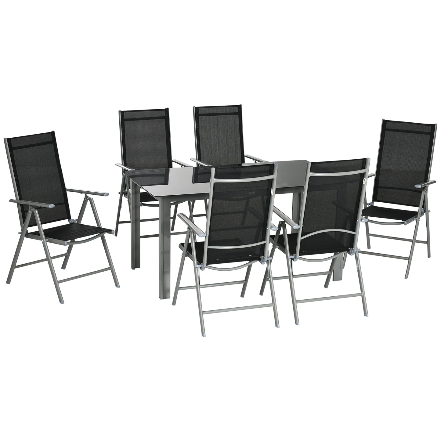 Outsunny 7 Piece Garden Dining Set, Outdoor Table and 6 Folding and Reclining Chairs, Aluminium Frame, Tempered Glass Top Table, Texteline Seats, Black #7 Top Sellingin Garden Dining Sets 5