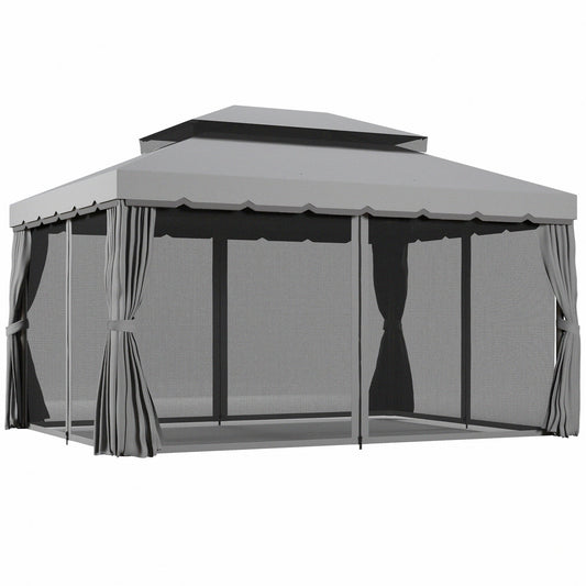 Outsunny 3 x 4m Aluminium Garden Gazebo, Marquee Canopy Shelter Pavilion Party Tent with Nets and Curtains for Garden and Deck, Light Grey 1