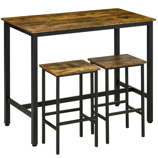 HOMCOM Industrial Bar Table Set, Breakfast Table with 2 Stools, 3-Piece Counter Height Dining Table & Chairs for Kitchen, Living Room, Rustic Brown 5