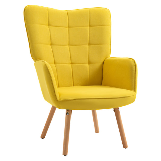HOMCOM Modern Accent Chair, Upholstered Tufted Wingback Armchair with Seat Padding, Leisure Lounge Bedroom Chair with Wood Legs, Yellow 4.9