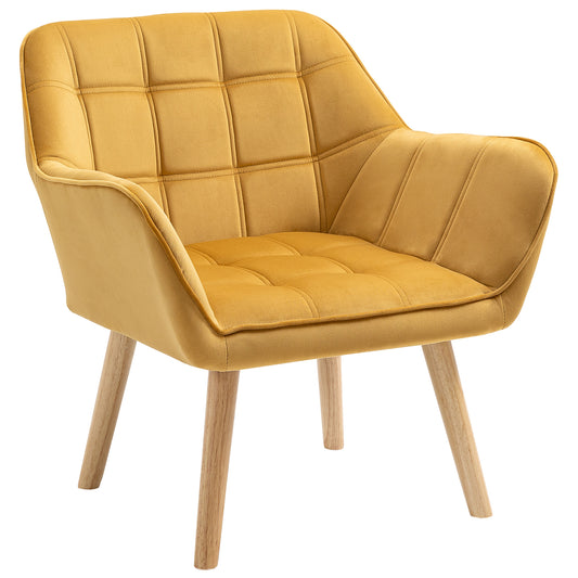 HOMCOM Modern Armchair, Accent Chair with Wide Arms, Slanted Back and Rubber Wood Legs for Living Room, Bedroom, Home Office Yellow 4.9