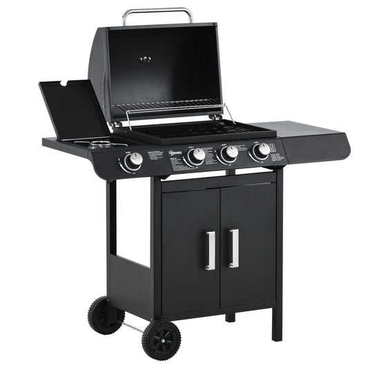 Outsunny 3+1 Burner Gas BBQ Grill, Outdoor Barbecue Trolley with Wheels, Warming Rack, Side Shelves, Cabinet, Thermometer for Garden, Party, Camping, 110L x 50W x 100Hcm, Black #10 Top Sellingin Gas BBQs 4.6