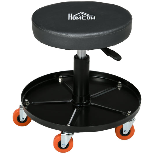 HOMCOM Workshop Stool, Pneumatic Adjustable Mechanic Stool, with Tool Tray, Wheels - Black 4.7