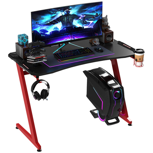 HOMCOM 122 x 66 cm Gaming Desk, Carbon Fibre Covered Computer Desk, Gamer Workstation with Headphone Hook, Cup Holder and Gamepad Storage Rack, Black and Red #3 Top Sellingin Office Desks 4.8