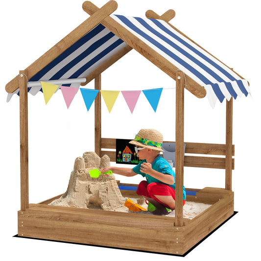 Outsunny House-Designed Wooden Sandbox, Outdoor Sandpit, with Blackboard, Toys, Sink, Seats, Flags, for Ages 3-7 Years - Brown #7 Top Sellingin Outdoor Toys 5