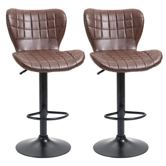 HOMCOM Bar Stools Set of 2 Adjustable Height Swivel Bar Chairs in PU Leather with Backrest & Footrest, Brown 4.6