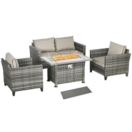 Outsunny 5-Piece Rattan Patio Furniture Set with Gas Fire Pit Table, Loveseat Sofa, Armchairs, Cushions, Pillows, Grey 4.7
