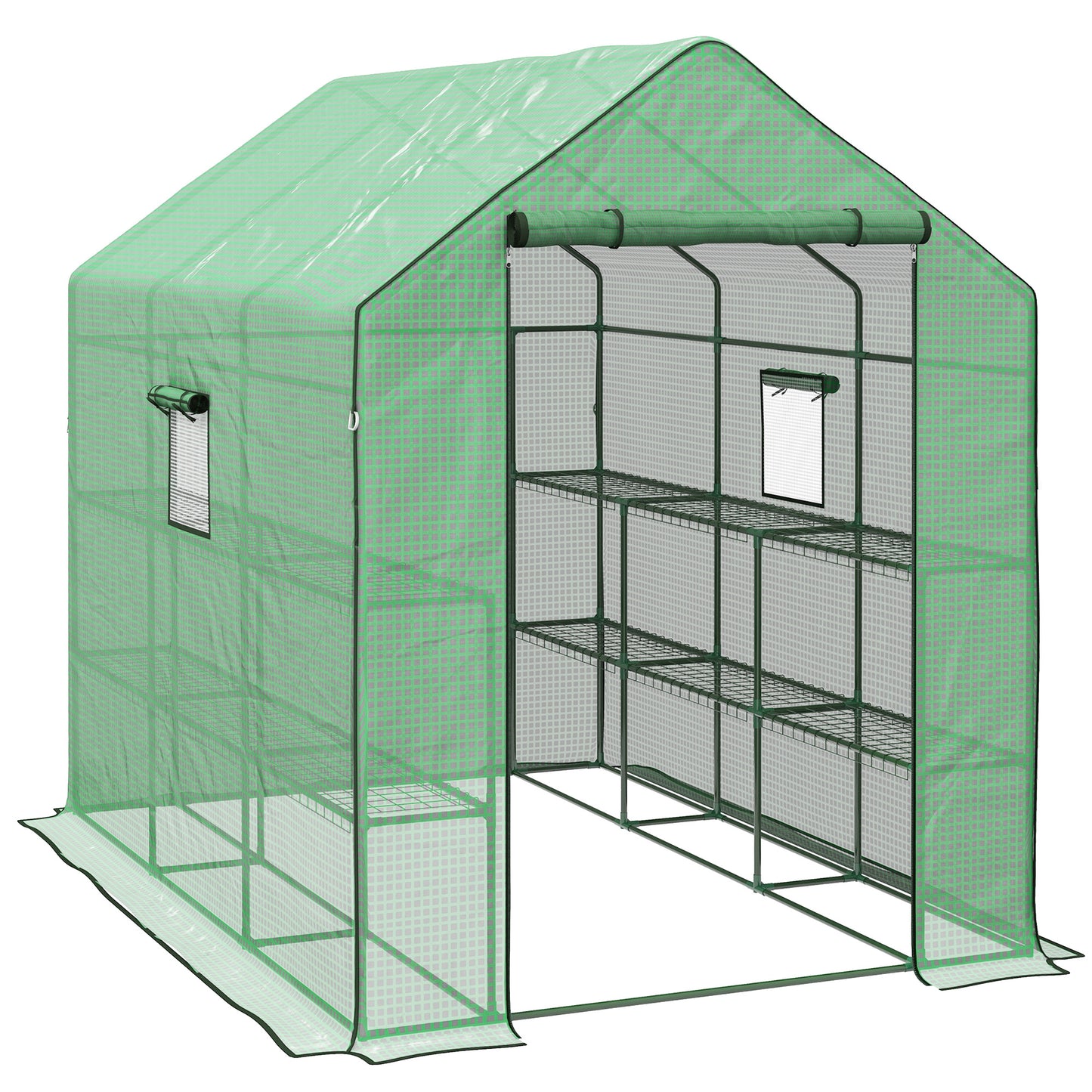 Outsunny Walk-in Greenhouse with 3 Tier 12 Shelves, Small Greenhouse with Reinforced PE Cover, Garden Plant Growhouse with Roll-up Door and Three Mesh Windows, 140 x 213 x 190 cm, Green 5
