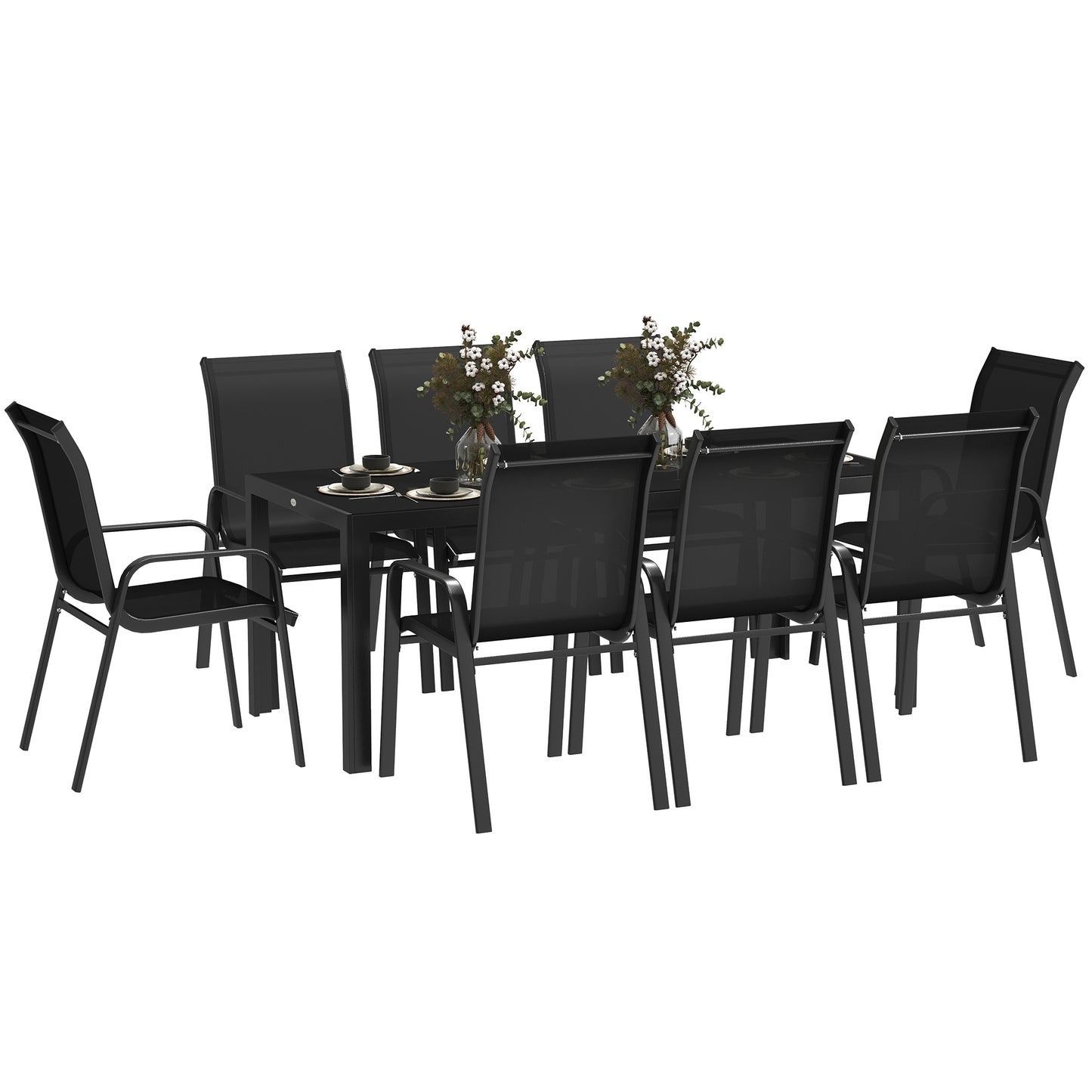 Outsunny 8 Seater Garden Dining Set with Stacking Chairs, Rectangular Tempered Glass Top, Garden Furniture Set, Outdoor Dining Table and Chairs for Patio, Balcony, Poolside, Black #2 Top Sellingin Garden Furniture