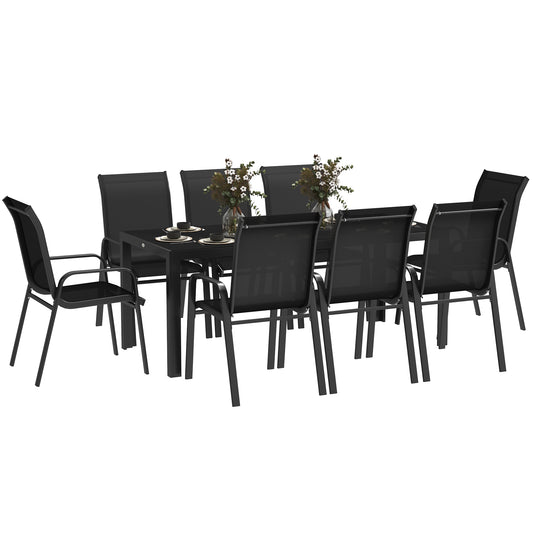 Outsunny 8 Seater Garden Dining Set with Stacking Chairs, Rectangular Tempered Glass Top, Garden Furniture Set, Outdoor Dining Table and Chairs for Patio, Balcony, Poolside, Black #1 Top Sellingin Garden Dining Sets