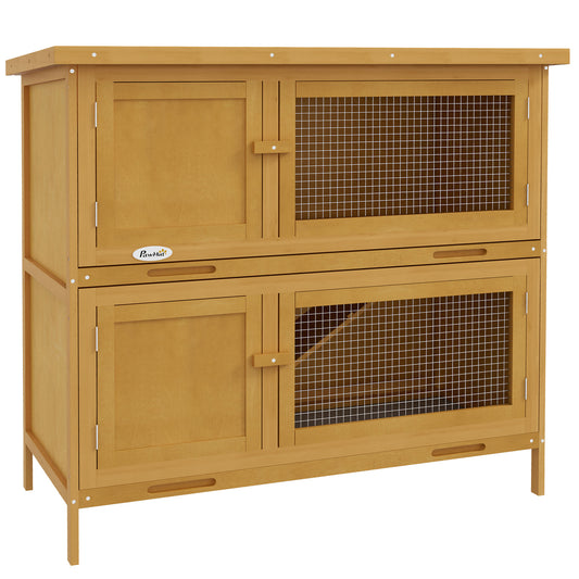 PawHut Double Decker Rabbit Hutch 2 Tier Guinea Pig House Pet Cage Outdoor with Sliding-out Tray, 97 x 44 x 91cm, Yellow 4.7