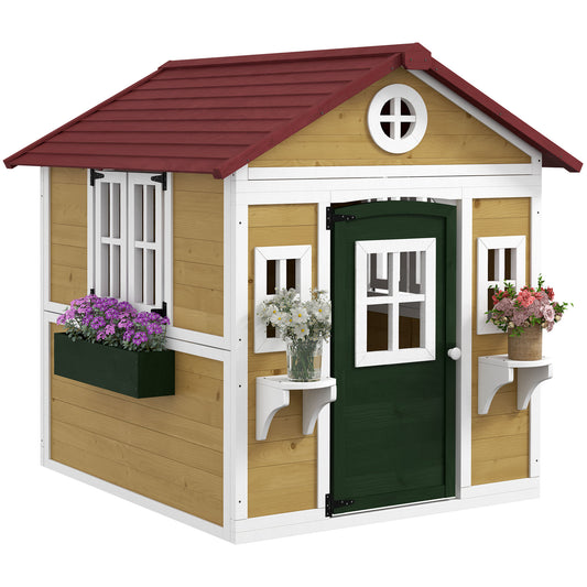 Outsunny Wooden Playhouse with Doors, Windows, Plant Pots, Boxes, for 3-8 Years - Beige #3 Top Sellingin Toys & Games 5