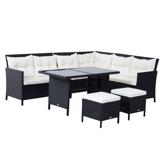 Outsunny 8-Seater Garden Rattan Furniture Rattan Corner Dining Sofa Set Wicker Conservatory Furniture Lawn Patio Coffee Table Foot Stool w/Cushion-Black 4.8