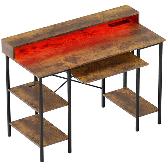 HOMCOM Computer Desk with LED Lights and Power Outlets, 120 x 55 cm Reversible Gaming Desk with Monitor Stand, Sliding Keyboard Tray and Storage Shelves for Home Office, Rustic Brown