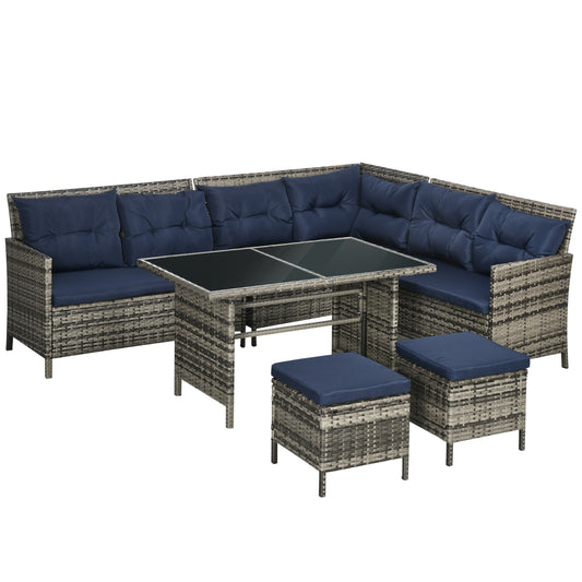 Outsunny 7-Seater Patio wicker Sofa Set Rattan Chair Furniture w/ Glass & Cushioned, Dark Blue 5