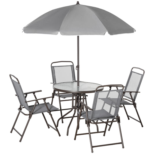 Outsunny 6 Piece Garden Dining Set with Umbrella, Patio Sets with Parasol with 4 Folding Dining Chairs & Round Tempered Glass Table, Grey #9 Top Sellingin Garden Dining Sets 4.9