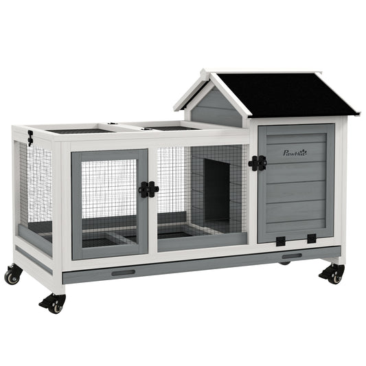 PawHut Wooden Rabbit Hutch, Guinea Pig Cage, with Removable Tray, Wheels - Grey #9 Top Sellingin Rabbit Hutch 5