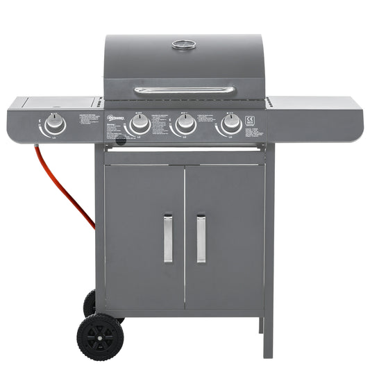 Outsunny 3+1 Burner Gas BBQ Grill, Outdoor Barbecue Trolley with Wheels, Warming Rack, Side Shelves, Cabinet, Thermometer for Garden, Party, Camping, 110L x 50W x 100Hcm, Grey #4 Top Sellingin Barbecues