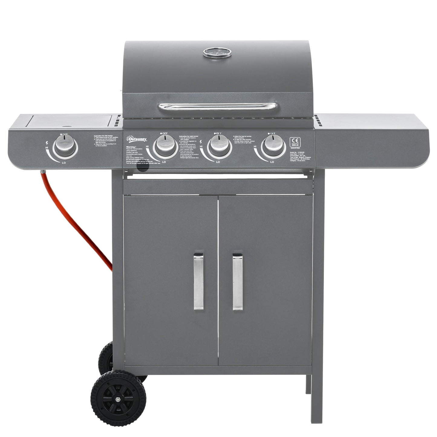 Outsunny 3+1 Burner Gas BBQ Grill, Outdoor Barbecue Trolley with Wheels, Warming Rack, Side Shelves, Cabinet, Thermometer for Garden, Party, Camping, 110L x 50W x 100Hcm, Grey #7 Top Sellingin Gas BBQs