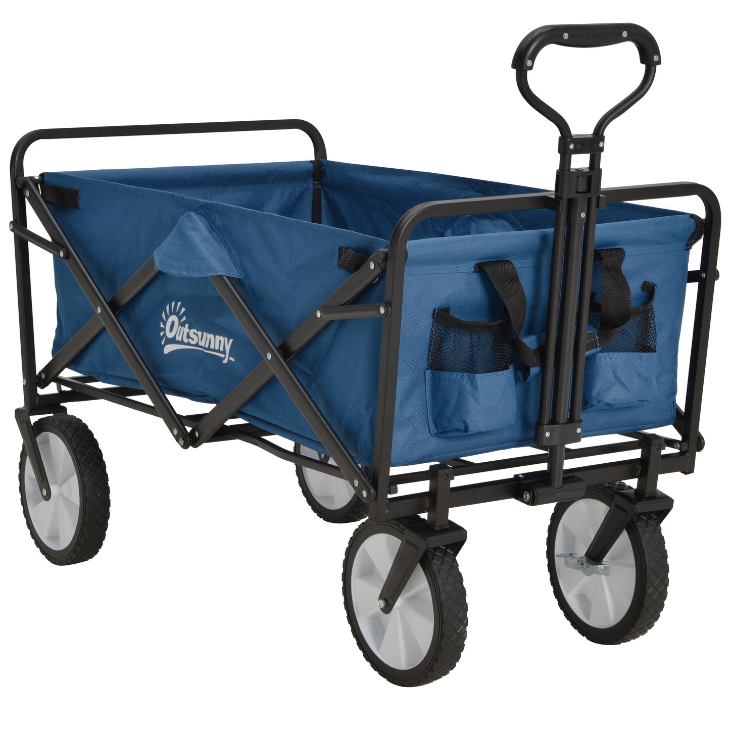Outsunny 90L Folding Garden Trolley Cart Pull Along Wagon with Telescopic Handle for Beach Camping Festival - Navy Blue 4.8